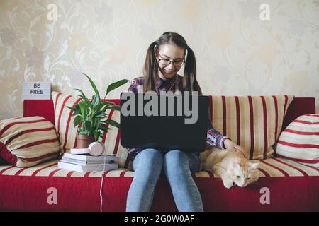 Nerd culture, nerdy and geeky things, finding solution, student, developer, programmer or computer geek woman. Cute nerd, geek, geeky, nerdy, dork Stock Photo