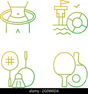 Summer camp activities gradient linear vector icons set Stock Vector