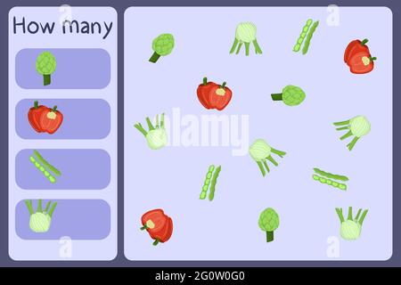 Kids mathematical mini game - count how many vegetables - artichoke, pepper, bean, fennel. Educational games for children. Cartoon design template on colorful backdrop. Vector graphic. Stock Vector
