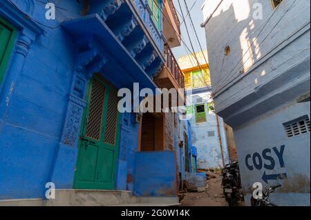 Jodhpur, Rajasthan, India - October 21st, 2019 : Traditional Blue coloured house. Historically, Hindu Brahmins used to paint their houses in blue. Stock Photo