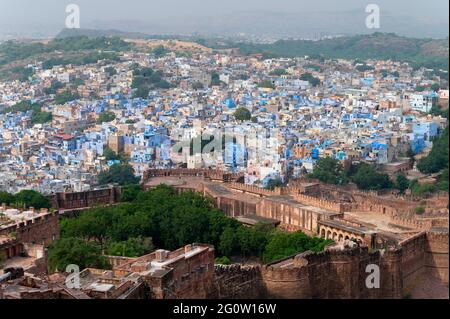 Cityscape of Jodhpur, Rajasthan, India, Called the blue city for blue colored houses. Image taken from top og Meharangarh Fort showing part of city. Stock Photo