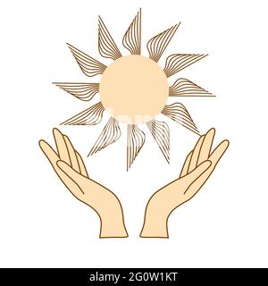 Mystical drawing, woman hands hold the sun. Circle of a phase of the moon. Sacred geometry. Stock Vector