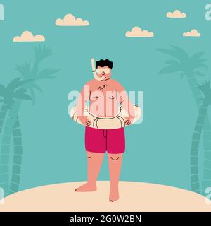 Chubby man in an underwater mask and an inflatable ring. Funny flat vector illustration. Fat person in swimsuit on beach with palm trees and clouds Stock Vector