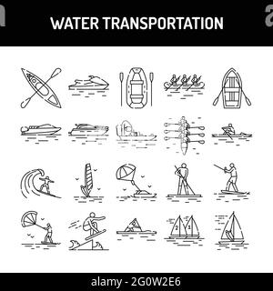 Water transportation line icons set. Isolated vector element. Outline pictograms for web page, mobile app, promo. Editable stroke. Stock Vector