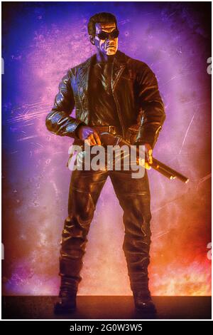 terminator Arnold Schwarzenegger Action Figure Terminator 2nd Judgment Day. James Cameron's cult film. Action figure posters. Stock Photo