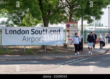 London Southend Airport, Essex, UK. 3rd Jun, 2021. The first service from Southend Airport to the Greek island of Corfu has landed back on its return flight following Ryanair's resumption of flights from the Essex airport. The budget airline recommenced flights to holiday destinations on 28th May after cancelling all services from Southend in January. No other airline is using the airport so it has been devoid of flights since that date. The same aircraft is due to make the 17:20 departure to Faro in Portugal, which is reportedly moving to the amber list Stock Photo