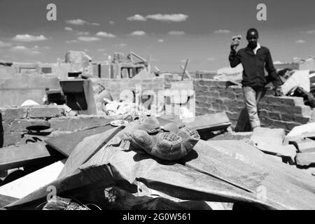 JOHANNESBURG, SOUTH AFRICA - Jan 05, 2021: Johannesburg, South Africa - October 04 2011: Tornado Damaged Homes in a small South Africa Township Stock Photo