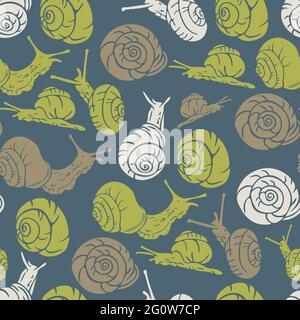 Vector seamless pattern with silhouettes of crawling snails. Design with bright green snails on neutral background. Stock Vector