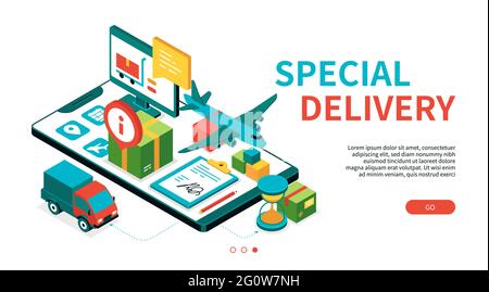Special delivery - modern colorful isometric web banner with copy space for text. Logistics services and cargo tracking mobile app idea. Parcel, repor Stock Vector