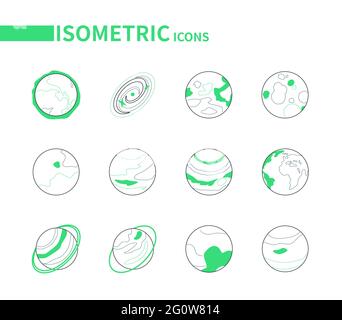 Solar system planets - line isometric icons set on white background. Galaxy, cosmic exploration, space and astronomy idea. The sun, galaxy, mercury, m Stock Vector