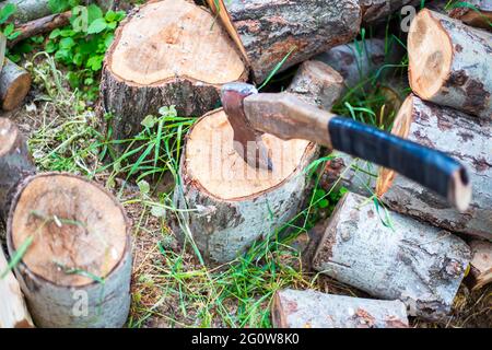An ax for chopping wood is stuck in a log. Procurement of fuel for heating the house in winter. Stock Photo
