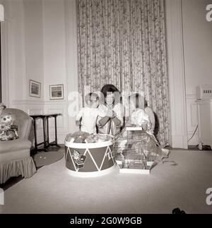 ST-A4-94-62                   27 November 1962  First Lady Jacqueline Kennedy, John F. Kennedy, Jr., and Caroline Kennedy kneeling next to a box of toys and a bird cage.   Please credit: Cecil Stoughton, White House/John F. Kennedy Presidential Library and Museum, Boston. Stock Photo