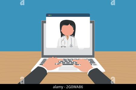 Laptop with doctor on screen during telemedicine doctor visit Stock Vector