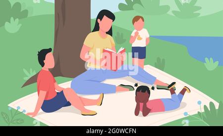 Girl reading book to kids in the park flat color vector illustration Stock Vector