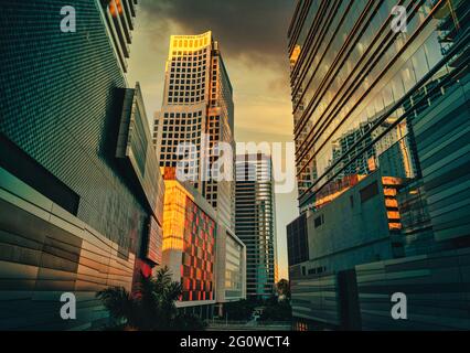 city skyline sunset miami Brickell center buildings reflections sky cl Stock Photo