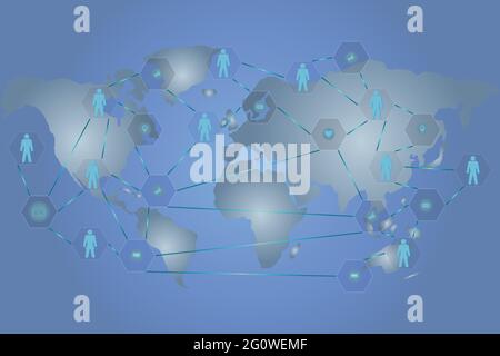 People and computer icons on the map, social network concept Stock Vector