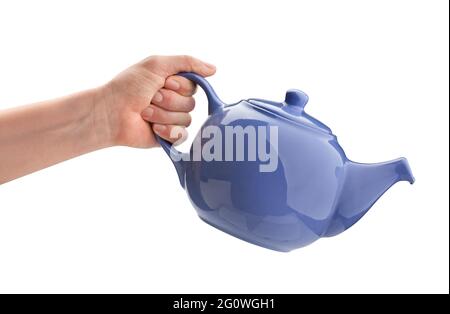 ceramic kettle in hand path isolated on white Stock Photo