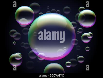 Transparent holographic bubbles on black background for hygiene themed poster or frame. Stock Vector