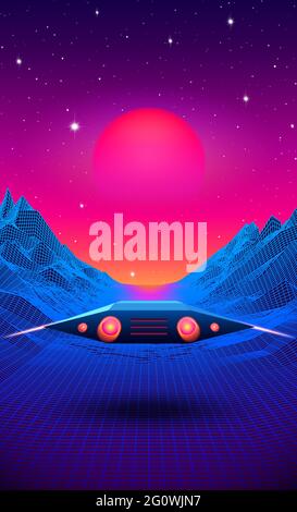 Arcade space ship flying to the sun in blue corridor or canyon landscape with 3D mountains, 80s style synthwave or retrowave scenic view Stock Vector