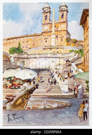 Vintage Aquarello Postcards of Rome by Aldo Raimondi - Spanish Steps Stock Photo