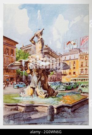 Vintage Aquarello Postcards of Rome by Aldo Raimondi - Piazza Berberini Tritone Fountain Stock Photo