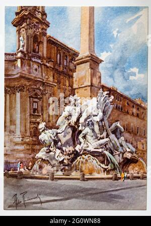 Vintage Aquarello Postcards of Rome by Aldo Raimondi - Piazza Navona Stock Photo