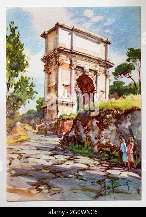 Vintage Aquarello Postcards of Rome by Aldo Raimondi - Titus Arch Stock Photo