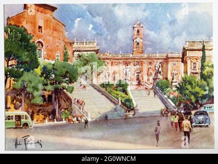 Vintage Aquarello Postcards of Rome by Aldo Raimondi Stock Photo