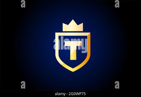 gold T alphabet letter logo icon. Design for company and business identity with shield and king crown Stock Photo