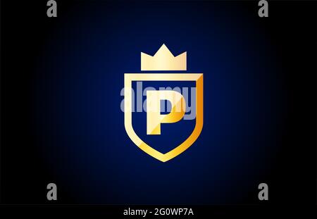 gold P alphabet letter logo icon. Design for company and business identity with shield and king crown Stock Photo