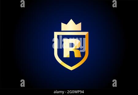 gold R alphabet letter logo icon. Design for company and business identity with shield and king crown Stock Photo