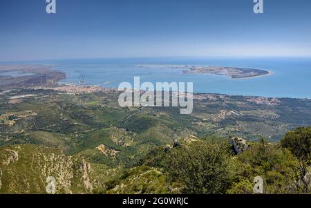 Views from the Torreta de Montsià summit towards the Ebro Delta and Punta de la Banya island (Tarragona, Catalonia, Spain) Stock Photo