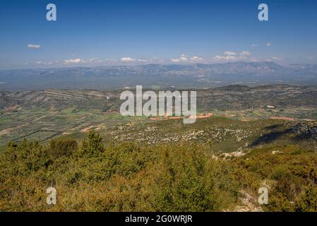 Views from the Torreta de Montsià summit towards the Montsià region. In the background, the Ports mountains (Tarragona, Catalonia, Spain) Stock Photo