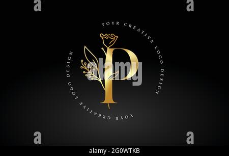 Golden Gold P Letter Design Logo with Floral Leaf Plant Idea for Cosmetic Beauty Personal Branding Logo Stock Vector