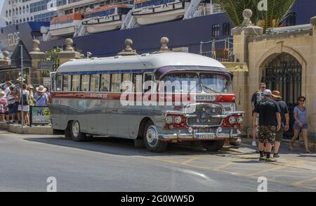 VALLETTA, MALTA - Mar 05, 2021: The traditional Maltese bus converted into a mobile souvenir shop Stock Photo