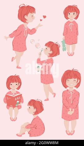 Cute Girl Character Cartoon Set with Six Poses Stock Vector