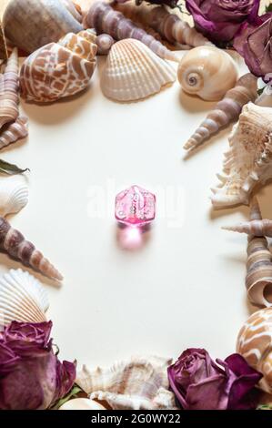 Vertical image of a transparent pink RPG gaming die on a white surface framed by seashells and dried pink roses Stock Photo