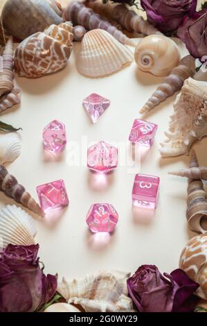 Vertical image of a set of transparent pink RPG gaming dice in daylight. Surrounded by seashells and dried pink roses Stock Photo