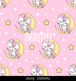 Seamless pattern cat unicorn on the moon. Vecto Stock Vector