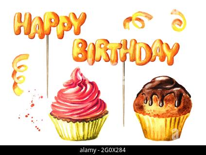 Happy Birthday lettering on a stick design and colorful balloons for  greeting cards and posters. Watercolor hand drawn illustration, isolated on  whit Stock Photo - Alamy