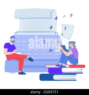 Copywriting banner with copywriters creating text on paper sheet using typewriter, cartoon vector. Stock Vector