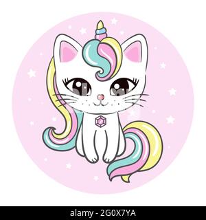 Cute cat unicorn. Kawaii. Fantasy animal. Children's illustration. For the design of prints, posters, stickers, badges, postcards, etc. Vector. Stock Vector