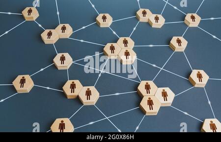 Network of interconnected people. Interactions between employees and working groups. Social business connections. Networking communication. Decentrali Stock Photo