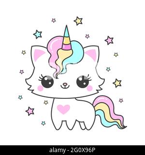 Cute cartoon cat unicorn and stars. Fantastic animal. Suitable for kids design prints, posters, t-shirts, stickers, postcards. Vector Stock Vector