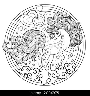 Cartoon unicorn with long mane Magic animal. Black and white. Linear drawing. For the design of prints, posters, cards, stickers, etc. Vector illustra Stock Vector