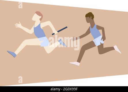 Athletes passing over the baton while running on the track. Men practicing relay race on racetrack. Side view. Isolated vector illustration Stock Vector