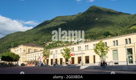 Bellinzona, Switzerland - June 5th 2020: Historic building of the main station Stock Photo