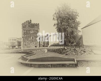 The image is of the medieval Castle-Keep Tower in the town centre of the west coast town and port of Stranraer on the west coast of Scotland Stock Photo