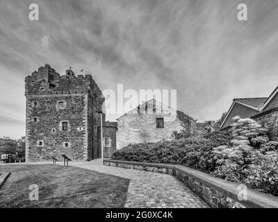 The image is of the medieval Castle-Keep Tower in the town centre of the west coast town and port of Stranraer on the west coast of Scotland Stock Photo