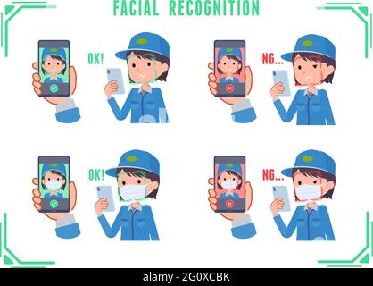 A set of Delivery woman doing facial recognition on their phones.It's vector art so easy to edit. Stock Vector